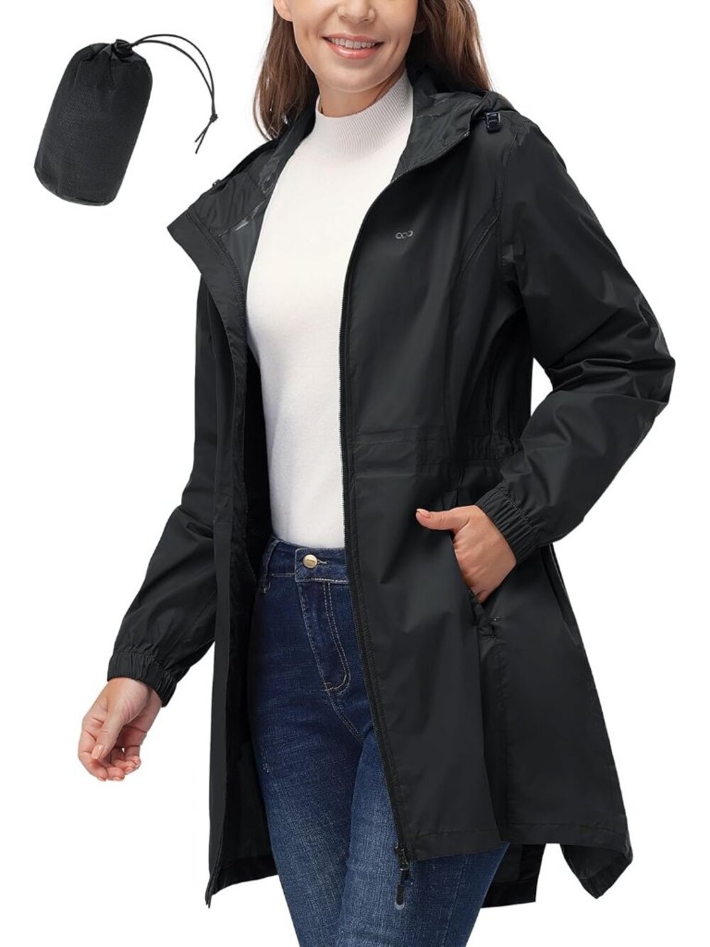 Women's Waterproof Long Packable Rain Jacket Black with Hood Trench Coats